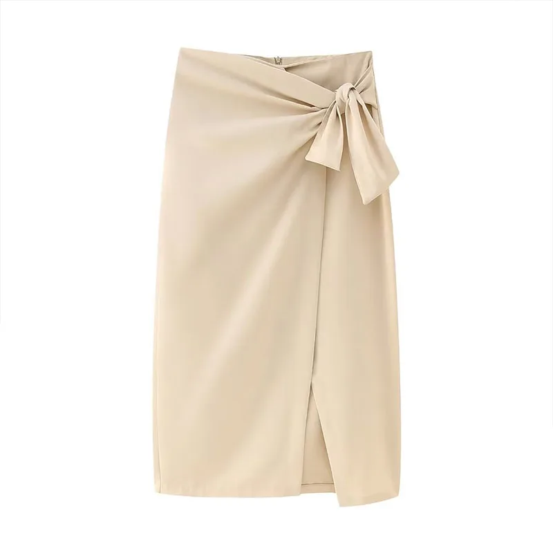 

ZATRHMBM Women 2023 Spring New Fashion Knot Midi Skirt Vintage Side Slit High-Waisted Female Skirts Mujer