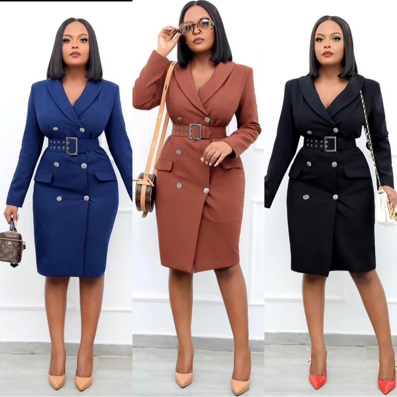 

Fashion New Autumn Lapel V Suit Collar Mid-waist Solid color Pencil Dress with Belt Vestido Midi Elegante Dresses for Women