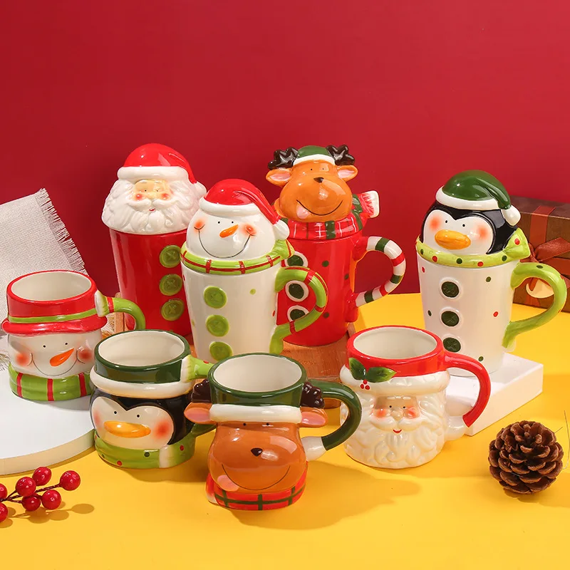 

Creative Cartoon Christmas Elk Ceramic Mug Cute Creative Personality Santa Mugs Reindeer Gift Mug Snowman Coffee Mug with Cover