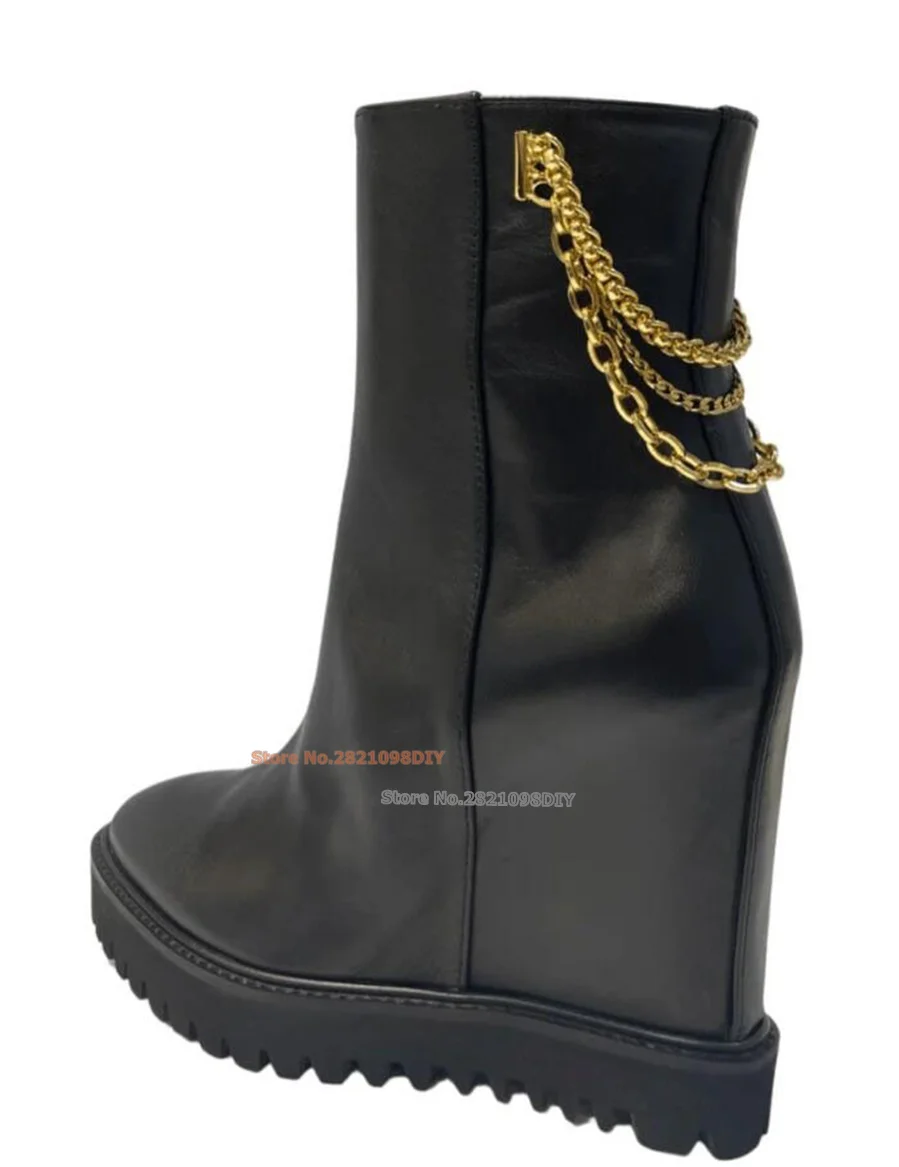 Metal Chains Black Leather Wedge Boots Women High Heel Ankle Boot Height Increased Chunky Heeled Pointed Toe Shoes