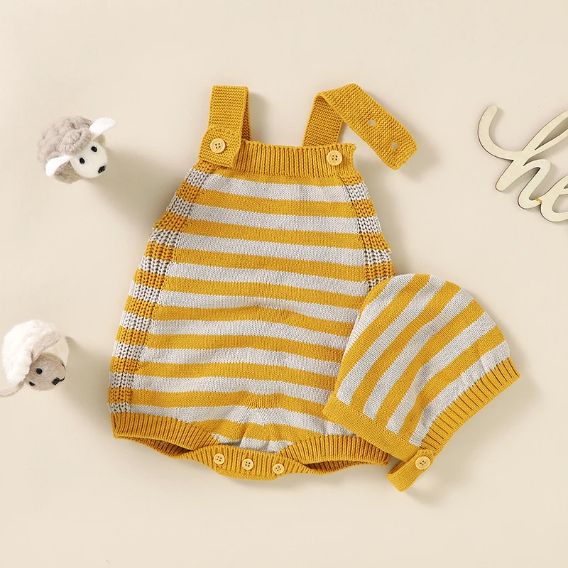 

Baby Bodysuits Spring Autumn Sleeveless Knitted Newborn Infant Boys Girls Cotton Stripes Onesie Hats 2pcs Toddler Unisex Clothes