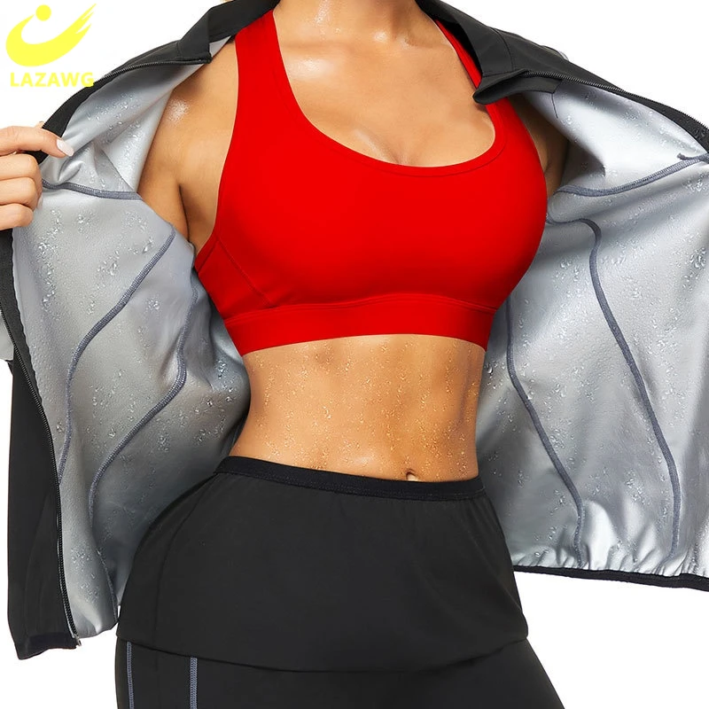 

LAZAWG Women Sauna Suit Sweat T Shirt Long Sleeve Sport Top Yoga Thermo Shaper Workout Slimming Zipper Gym Fitness Waist Trainer