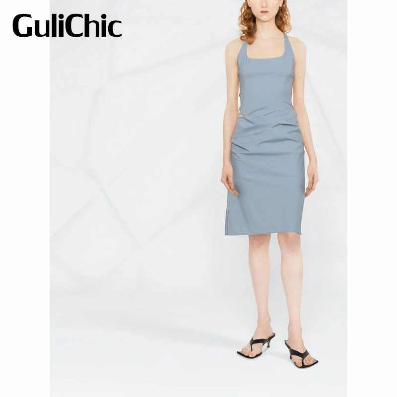 

6.5 GuliChic Women Temperament Square Collar Halter Neck Hollow Out Backless Slim Split Dress