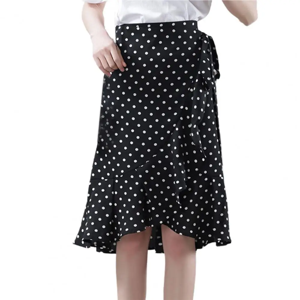 

High Waist Irregular Ruffle Hem Midi Skirt with Inner Liner Cross Lace-up Dot Print Office Skirt for Women 2022 Streetwear