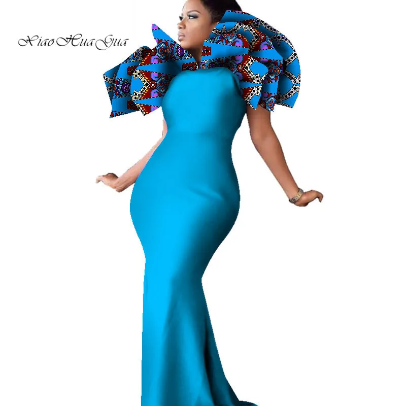 

Women African Sexy Dresses Fashion Ruffles Petal Neck Bodycon Long Mermaid Dress African Print Cotton Evening Party Dress WY4567