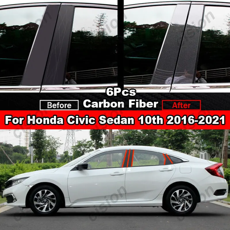 

6x Car Window Door Column B C Pillar Post Cover Trim for Honda Civic Sedan 2016-2021 Carbon Fiber Black Mirror Effect PC Sticker