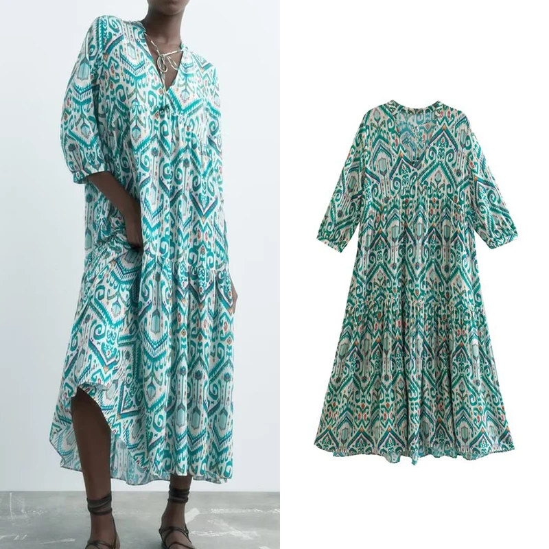 

Autumn 2022 Women Print Midi Dress Long Sleeve V Neck Female Loose Casual Dress Vestidos OZZ1623