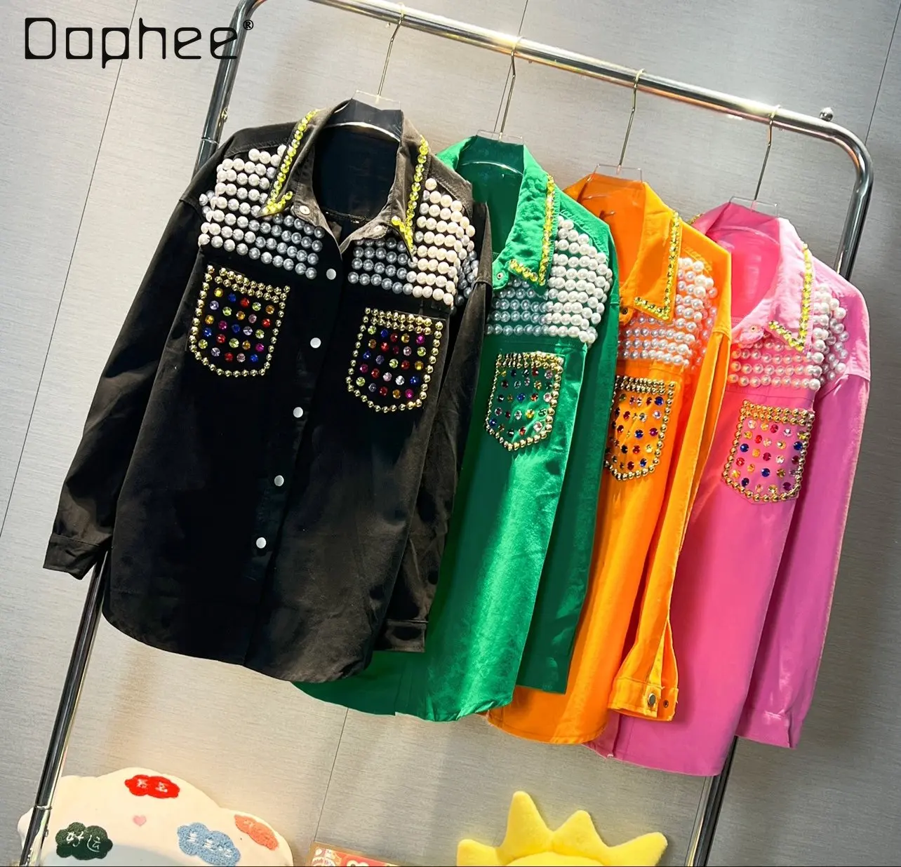 2023 Heavy Industry Beads Rhinestone Denim Shirt Women's Loose All-Match Mid-Length Lapel Long Sleeve Candy-Colored Coat Female