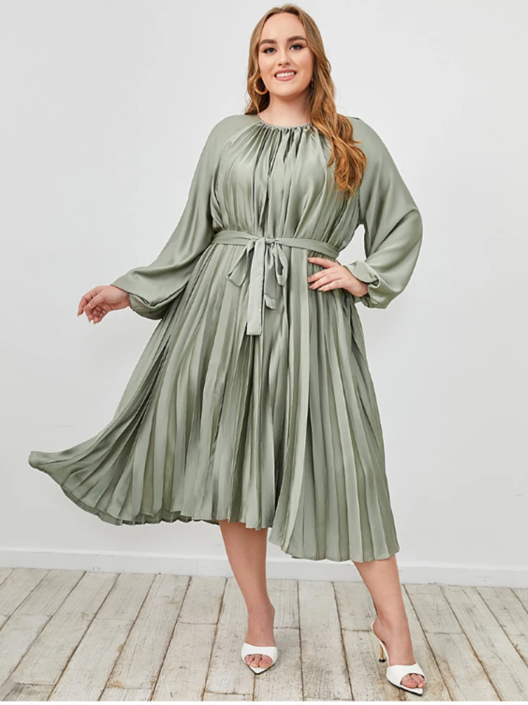 

Elegant Pleated Dresses O Neck Long Lantern Sleeve High Waist Curvy Women Casual Office Work Evening Party Outfits Plus Size 4XL