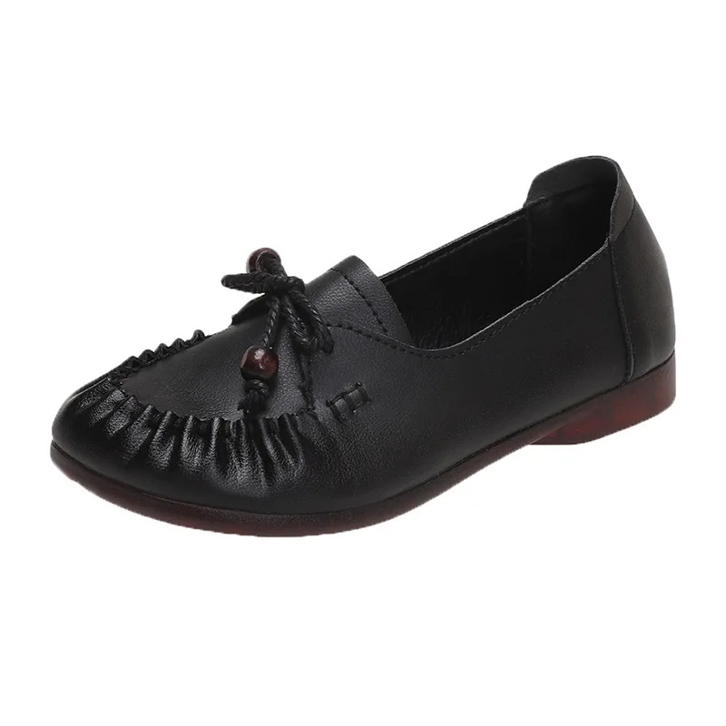 

Round Head Flat Sole Single Shoes Women Autumn New Retro Cow Tendon Soft Sole Mother Middle-aged Elderly Comfortable Lefu Shoes
