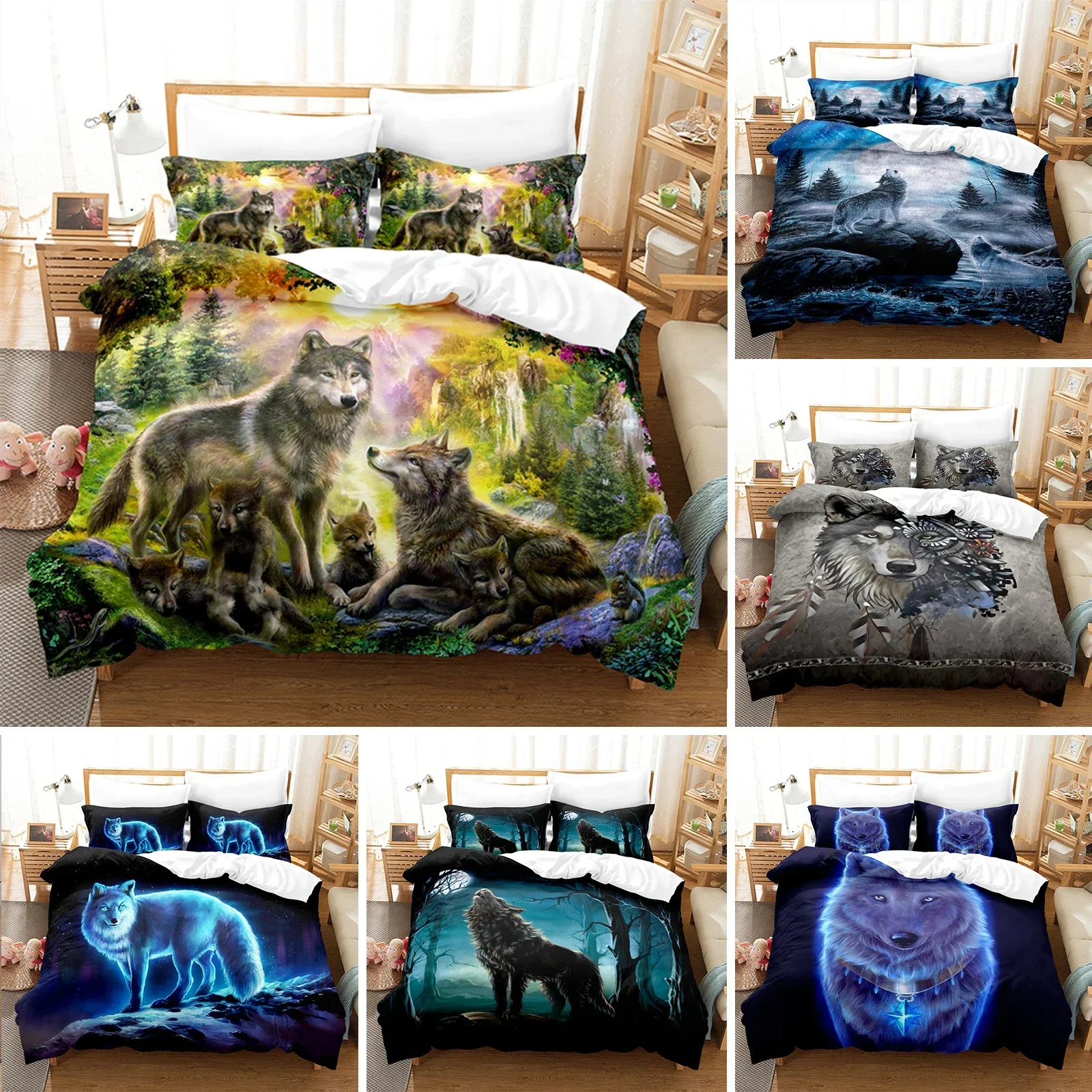 3D Wild Animal Duvet Cover Moon And Wolf Bedding Set Microfiber Galaxy Comforter King Full For Kids Teens Boys Room Decor