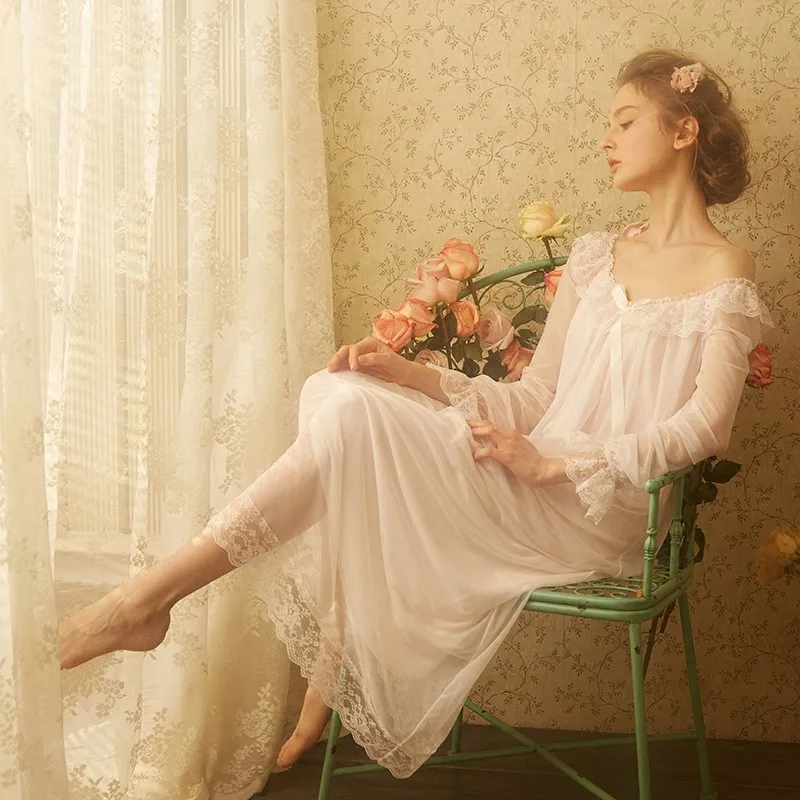 Retro Nightgowns Women Lace Long Sleeve Princess Pajamas French Sexy Nightdress Loungewear Sweet Girls Lovely White Clothing