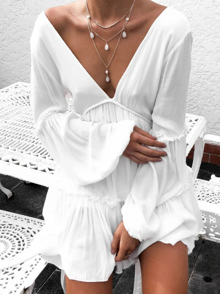 

LEOSOXS conventional white lantern sleeve women's dress