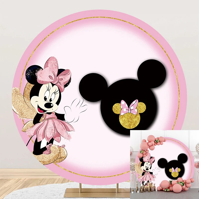 

Disney Mickey Minnie Mouse Girl Circle Background Birthday Party Decoration Banner Round Photography Backdrop Photo Studio