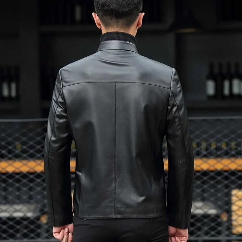 Мужская короткая мотоциклетная куртка из шкуры ягненка повседневная облегающая