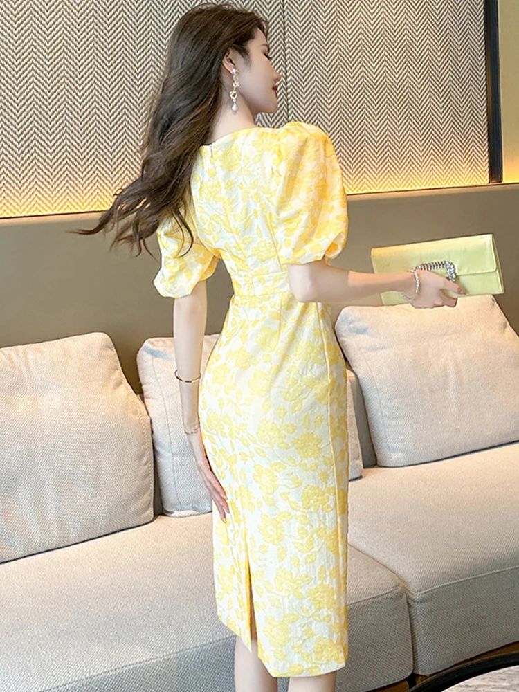 Летнее вечернее платье женское элегантное шикарное милое желтое Цветочное с