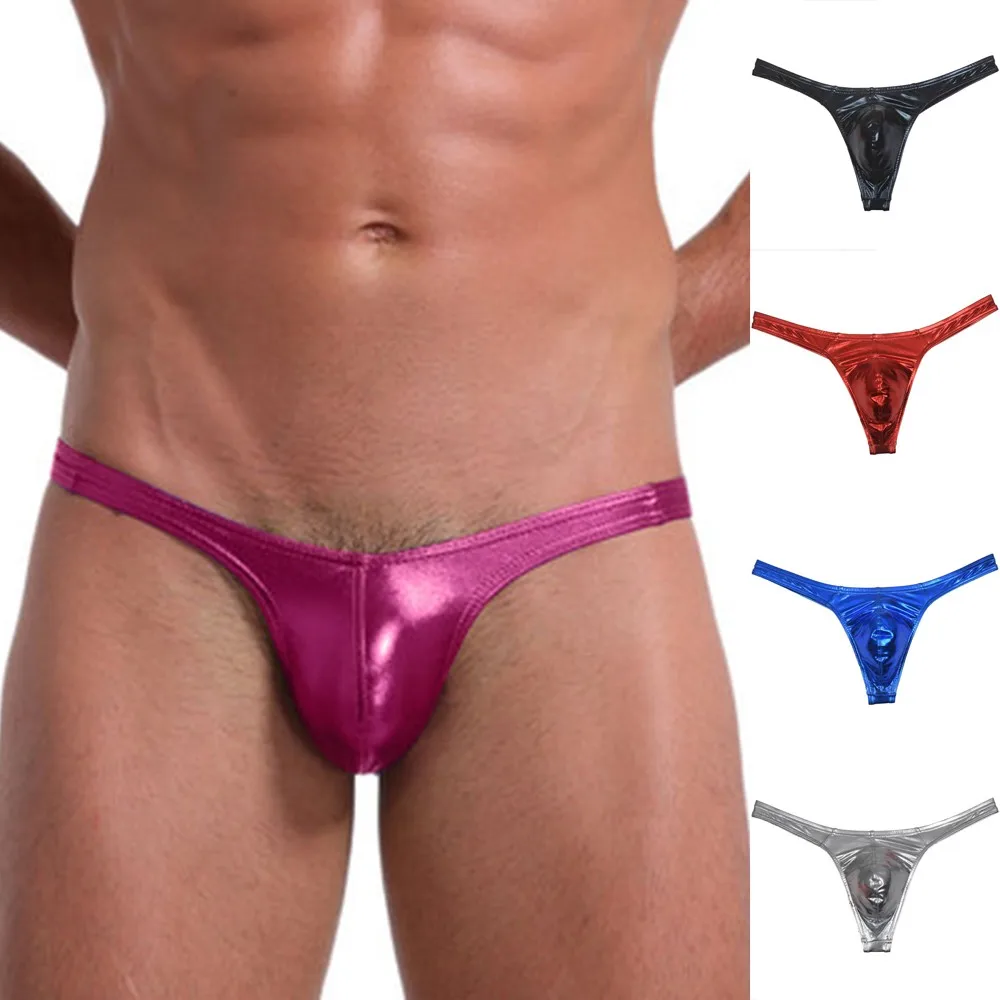 

T Back Thong Sexy Men Shiny Leather T-back Underwear Male Stretchy G String Thong Scrotum Bulge Panties Bikini Gays Briefs