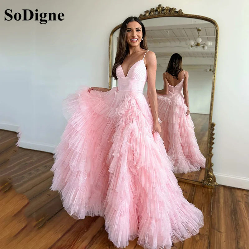 

SoDigne Pink Prom Dresses Tiered Ruffles Tulle Pleat Ruched A-Line Backless V Neck Formal Dress Women Party Evening Gowns