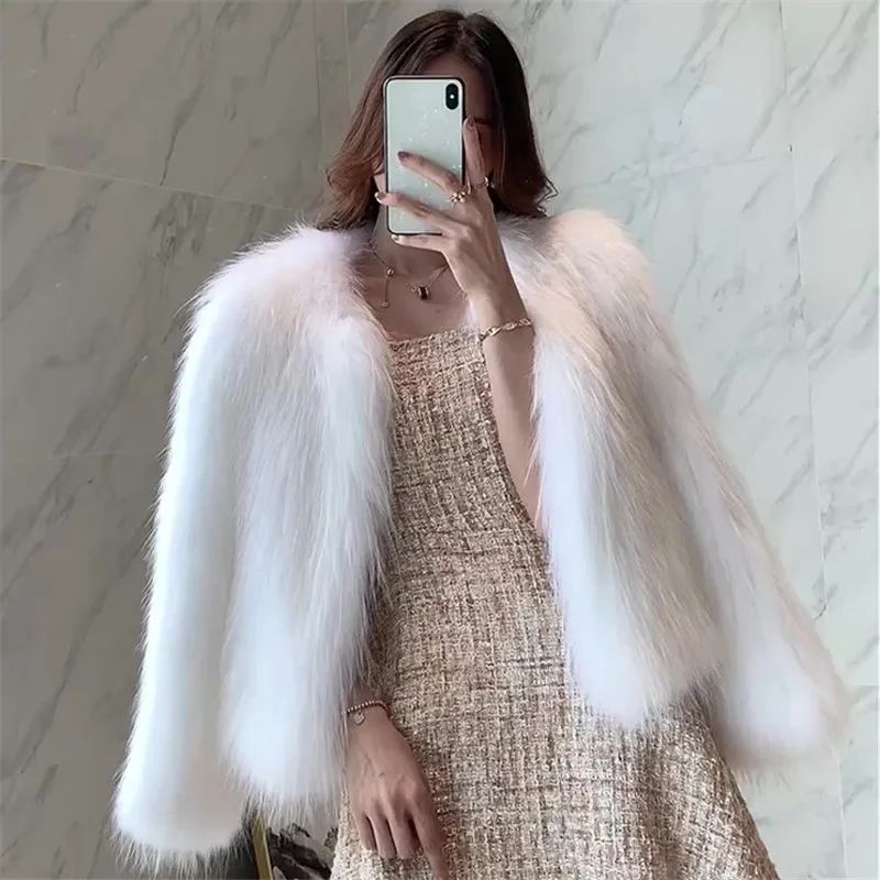 Women Winter Fox Fur Jackets Pink Plush Warm Coats Jackets Short Women's 2021 Autumn Fashion Casual Thick Mink Fur Outwears New