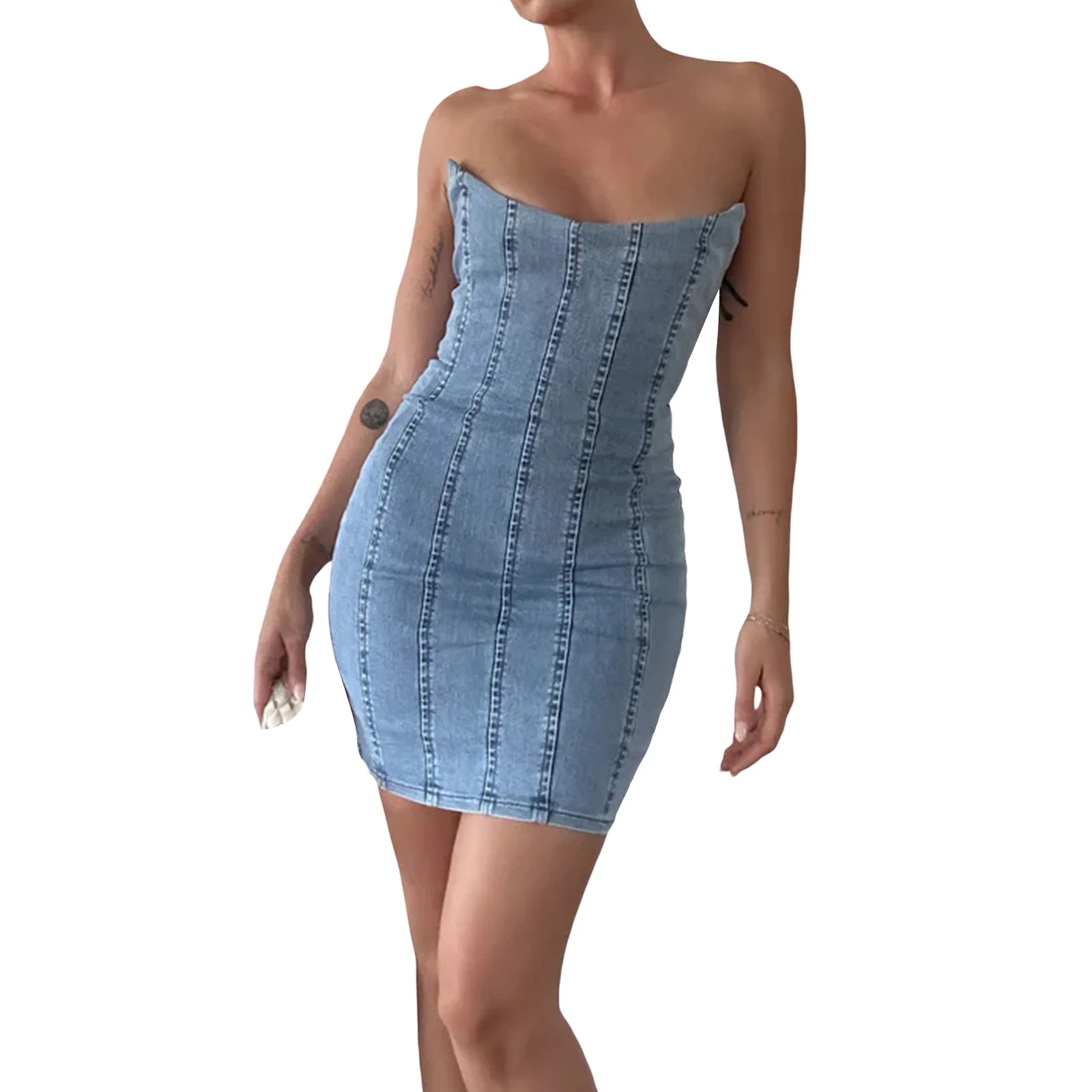

Женское модное облегающее мини-платье без бретелек, однотонное лоскутное джинсовое платье-футляр, уличная одежда