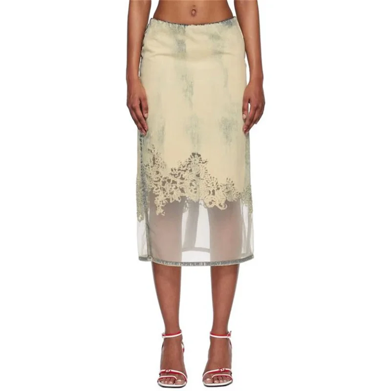 

Women's Skirt 2023 Autumn New Korean Fashion Laser Burnt Denim Half Length Skirt Vintage Washed Cotton Long Skirt y2k Clothing