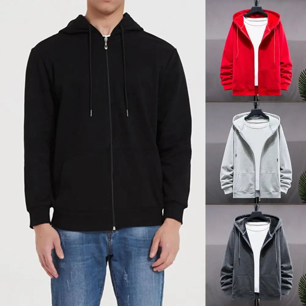 

Men's Jacket Hooded Zipper Closure Fleece Lined Pockets Drawstring Hoodies Solid Color Long Sleeve Jacket Coat Outerwear худи