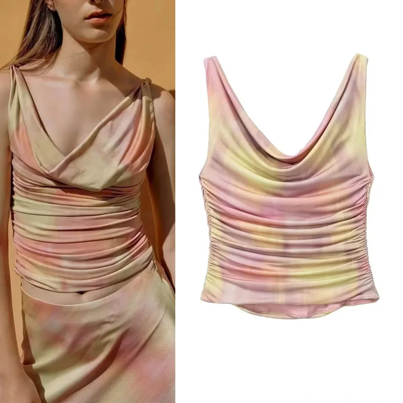 

TRAF Women Swing Collar Pleated Short Top Sweet Holiday Beach Tie Dye Female Tops 2023 Summer Sleeveless Sexy Slim Tops Suit