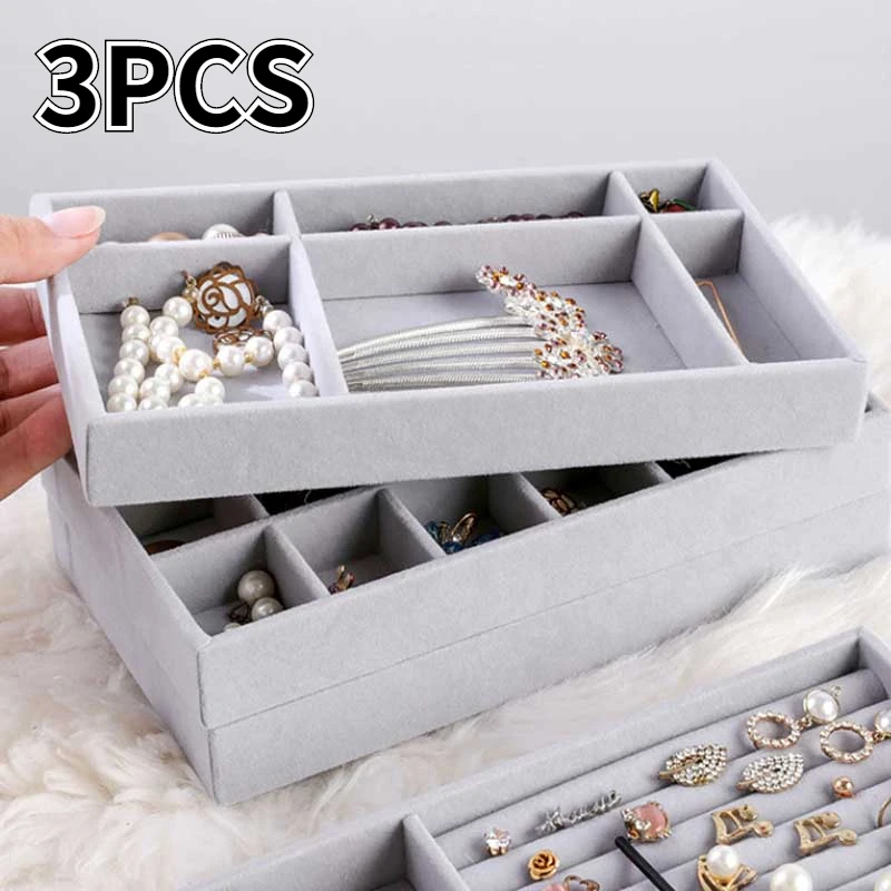 

3pcs/lot Jewelry Organizer Velvet Jewelry Storage Tray Display Ring Bracelet Necklace Storage Box Showcase Drawer