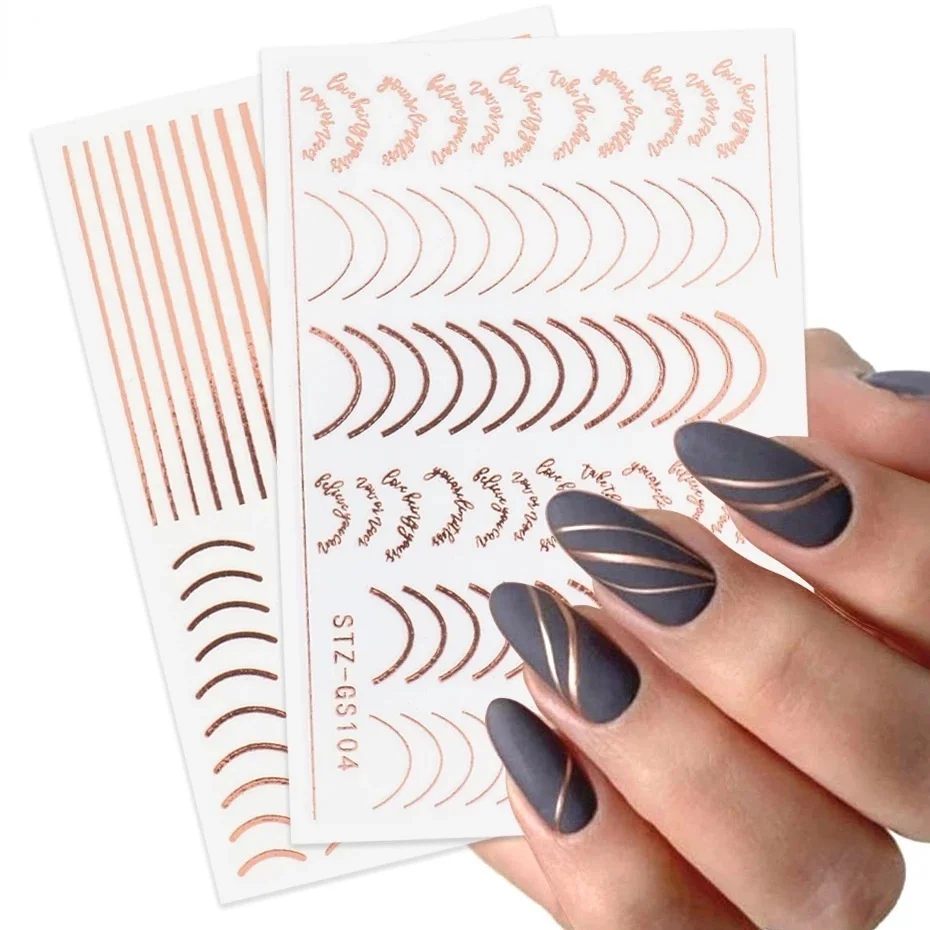 

3D Lines Nail Stickers DIY Rose Gold Metal Stripe Lines Letters Decals Curve Nail Art Sliders Self Adhesive Decorations Manicure