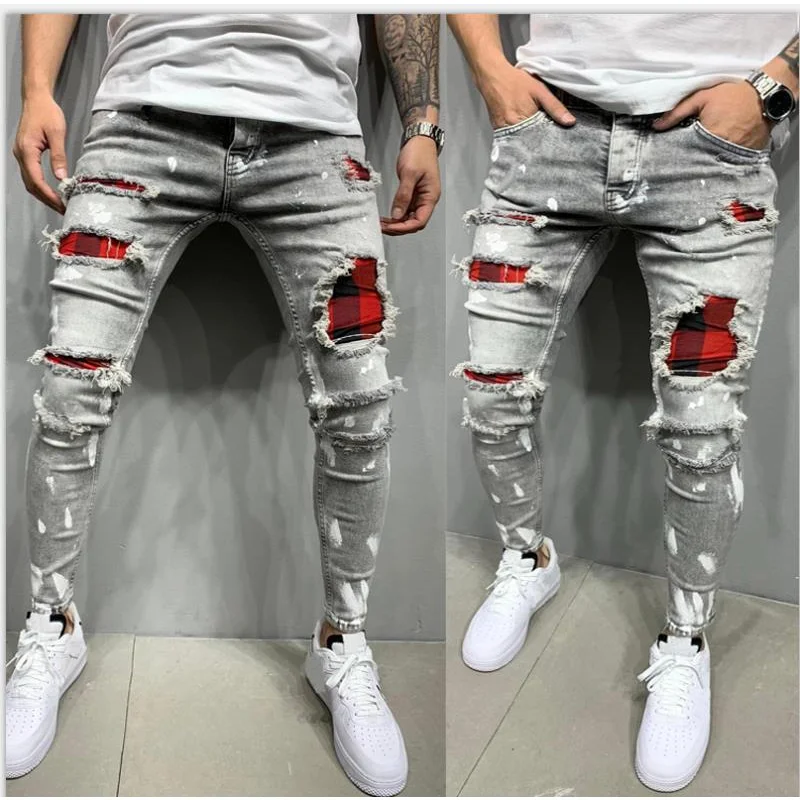 2022 Europe and America Male Jeans Pants Lacquer Shattered Holes Fashion Casual Popular Jeans New Men Jeans HIP HOP Men Clothing