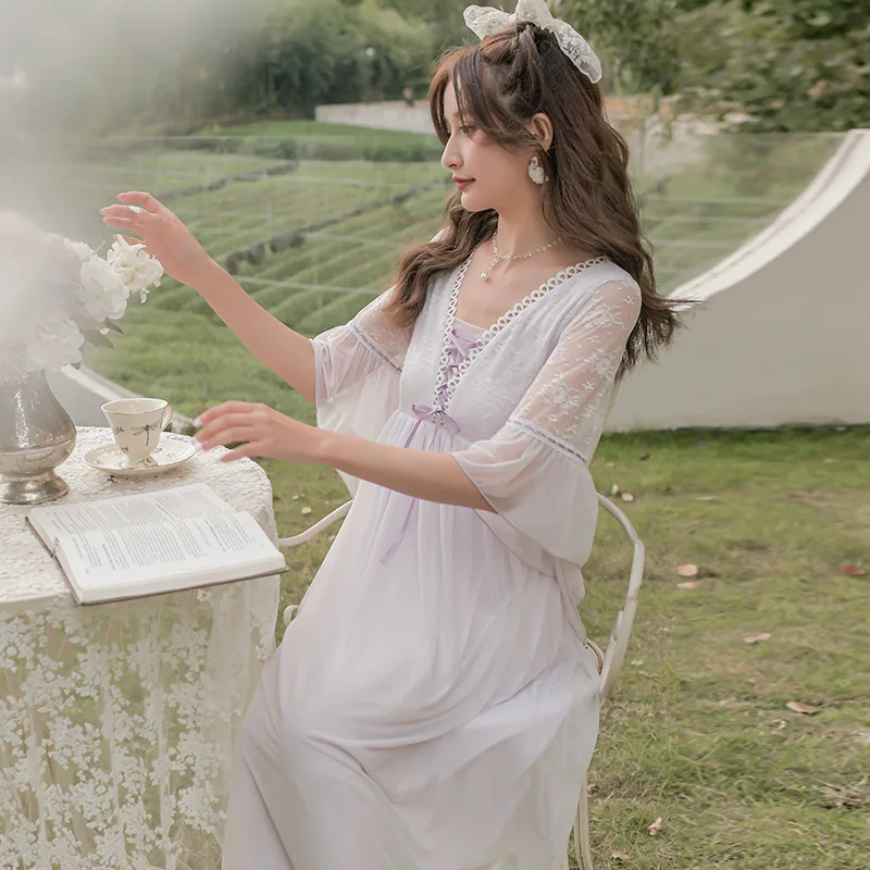 With Breast Pads Women's Nightgown Spring Sexy Nightdress Gauze Horn Sleeve French Sweet Palace Princess Dress Long Style Skirt