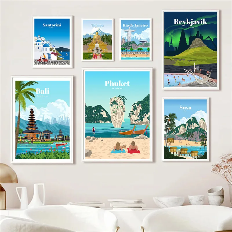 Санторини Бали Исландия Дубай холст живопись Постер для путешествий Пхукет