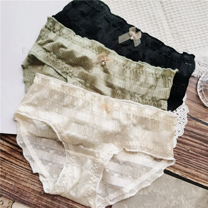 

Korean Simple Cute Ruffle Lace Panties Mesh Sexy Lovely Bow Hollow Out Women's Underwear Cotton Crotch Seamless Briefs Lingerie