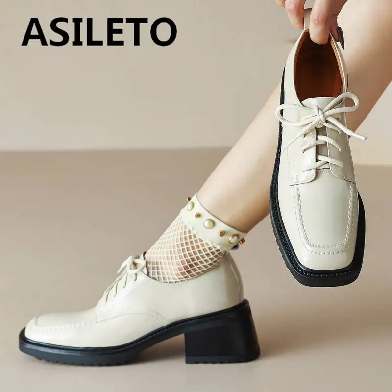 

ASILETO Brogue Shoes Genuine Leather Square Toe Chunky High Heel 6.5cm Lace Up Women Pumpes British Style Casual Pumps Size 40