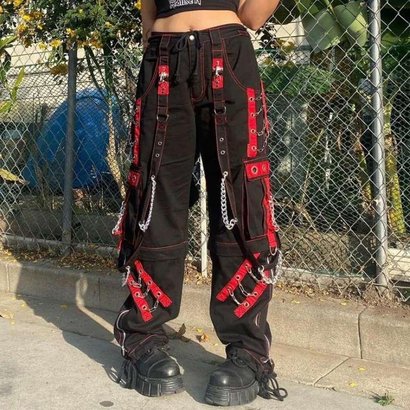 

Женские свободные брюки в готическом стиле, красные яркие брюки в стиле хип-хоп с пуговицами, Повседневная Уличная одежда, дизайн Y2k