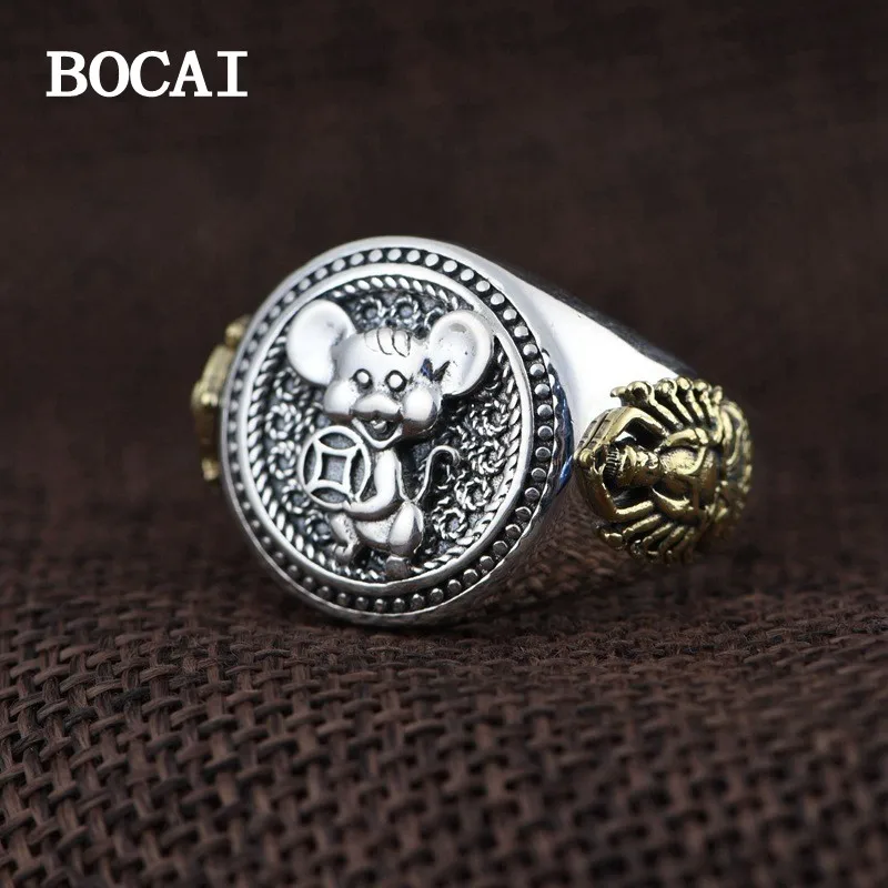 

BOCAI NEW S925 Silver Retro Personalized Zodiac Mouse Open Ring Men's Gift