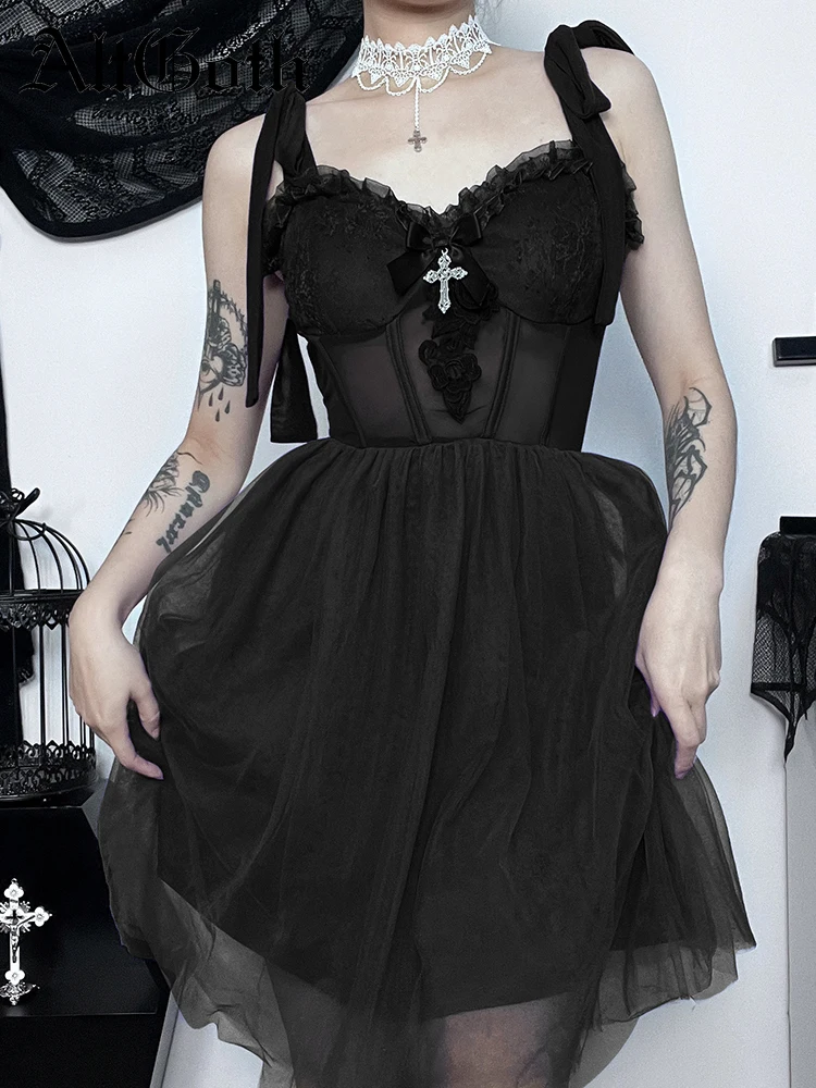 

AltGoth Fairycore Grunge Lolita Dress Women Y2k Vintage Gothic Dark Lace Patchwork Cross Spaghetti Strap High Waist Corset Dress
