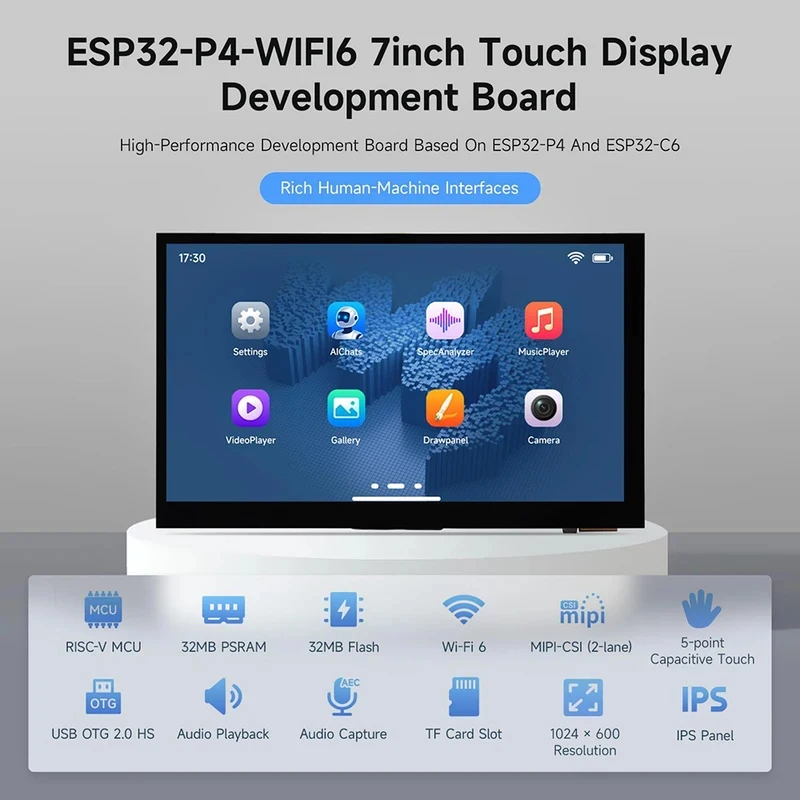 Фото Плата для разработки ESP32-P4 WIFI6 с 7-дюймовым дисплеем 1024×600 пикселей, ESP32-C6 BLE5.0, 32 МБ PSRAM, Deepseek AI №4