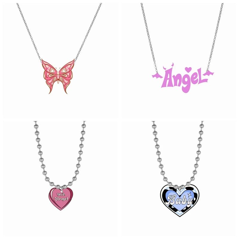 

Lost Lady Cute Angel Necklace For Women Fashion Trend Ladies Acrylic Pink Heart Butterfly Necklace Jewelry Gift Wholesale