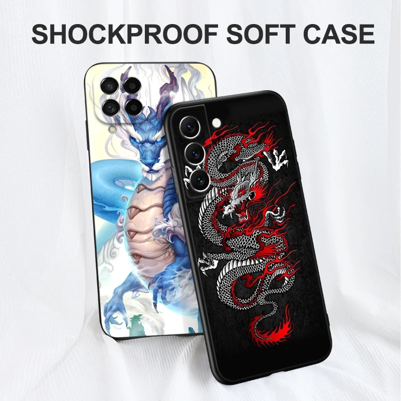 Black tpu Case For Samsung galaxy S23 S22 S20 S21 FE PLUS ultra+S10 E lite cover DRAGON TATTOO JAPANESE