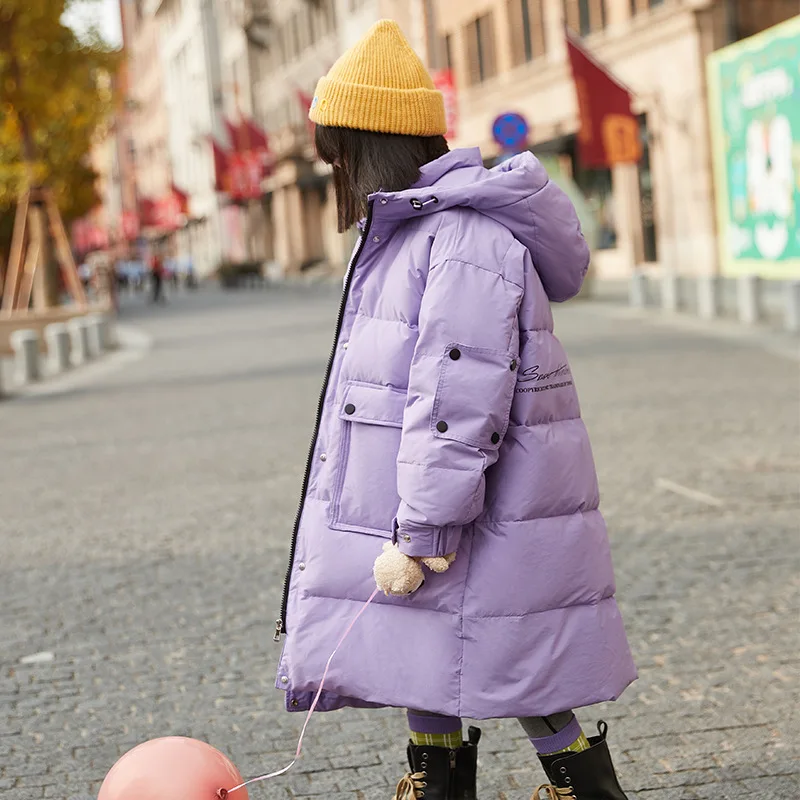 2022 Winter - 25 degrees children's clothing Purple long duck down coat for girls Fashion hooded warm pink down jacket for girls enlarge