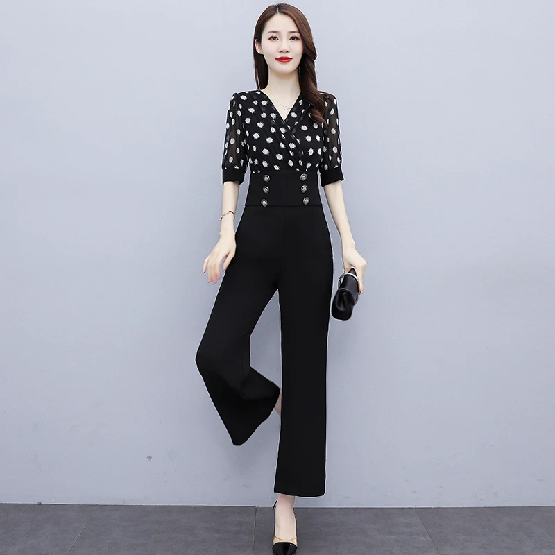 

Женский комбинезон, женский комбинезон в горошек с коротким рукавом, боди, облегающий костюм с высокой талией, V-образным вырезом, широкими штанинами, Драпированный костюм с пуговицами, комбинезон