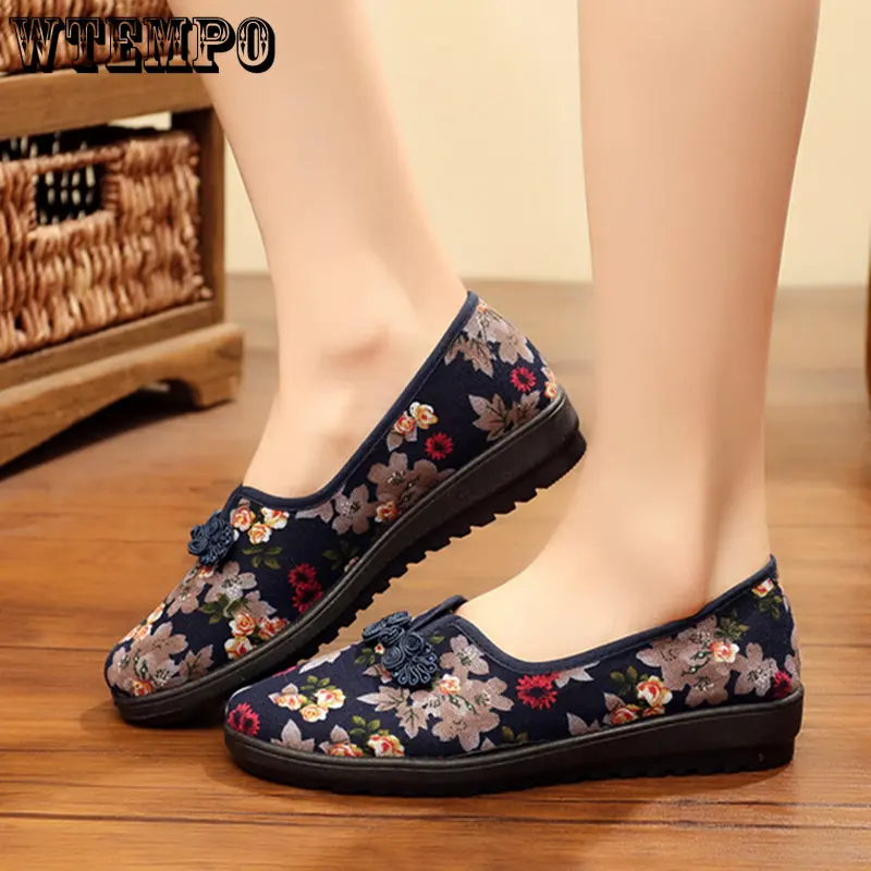 WTEMPO Vintage Print Women Flats Shoes Embroidered Chinese Traditional Slip-on Loafers Canvas Casual Shoes Woman Dropshipping
