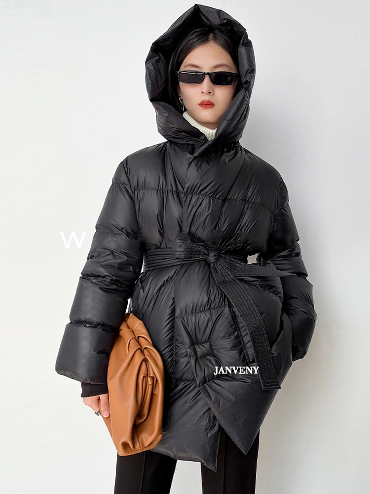 

Janveny 2022 New Winter Ultra Light Mid Long Puffer Jacket Women Hooded Waist Lace Up Loose Warm White Duck Down Casual Overcoat