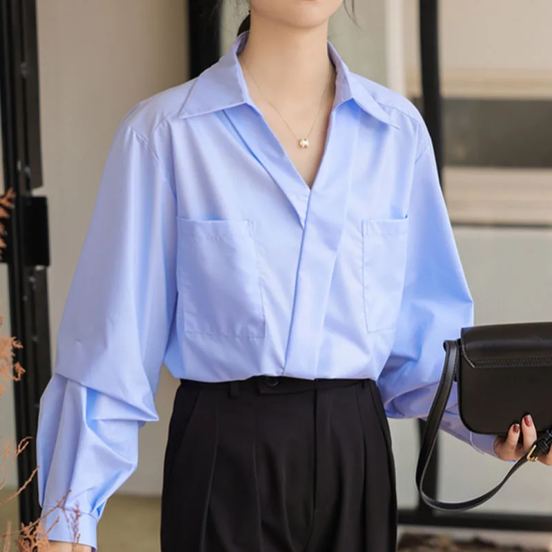 Модная женская блузка с отложным воротником белая длинным рукавом рубашка