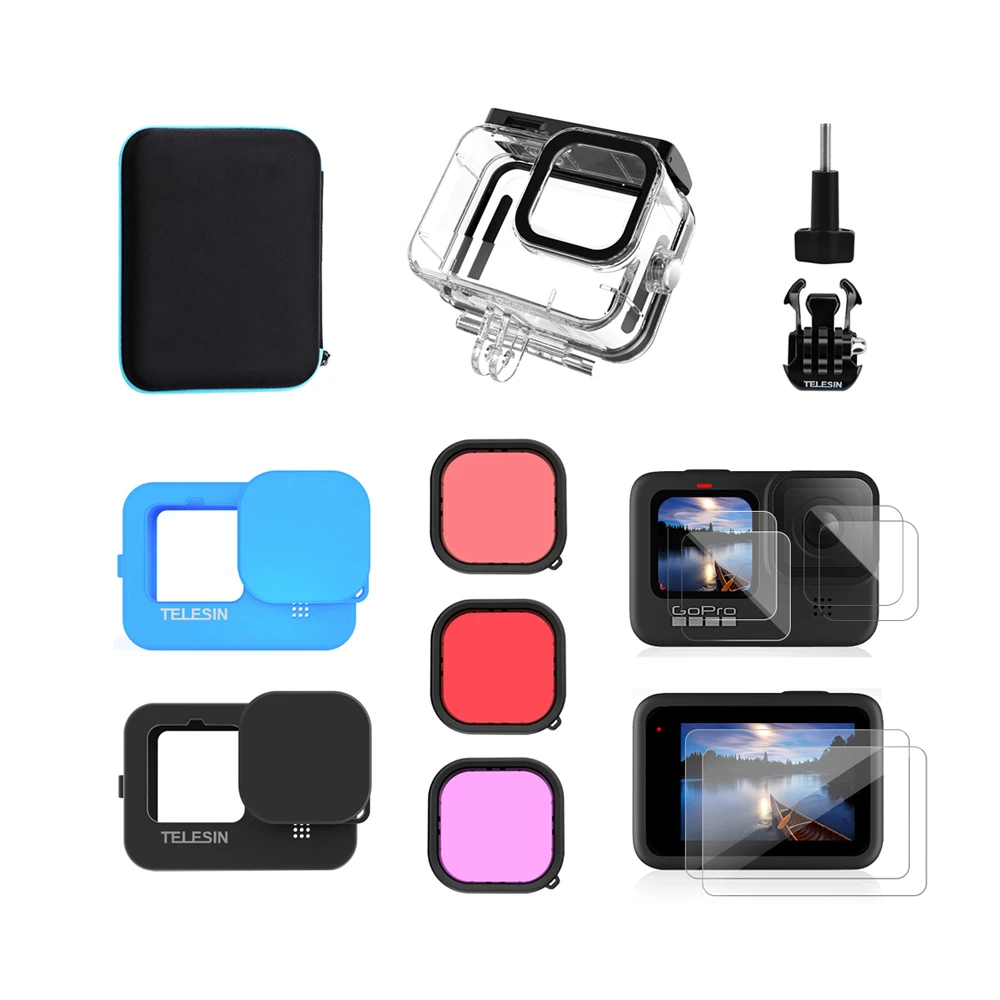 

Auykoo Accessory Set for GoPro Hero 11 10 9 8 Black Storage Bag&Waterproof Case Diving lens Filters Silicone Case Tempered Film
