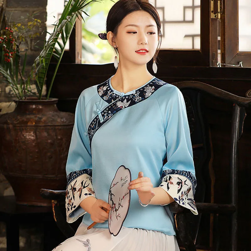 

Cheongsam Women's Plus Size Hanfu Tops 2022 Summer Cotton Blend Embroidery Round Neck Chinese Style Tang Costume Qipao Shirts