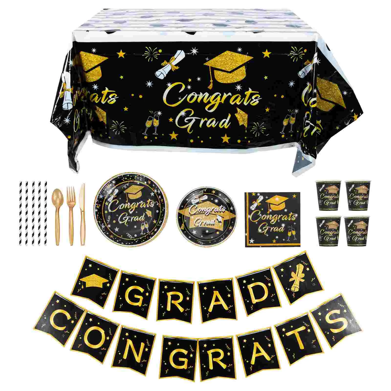 

1 Set Graduation Banner Plates Napkins Cups Tablecloth Cutlery Straws Graduation Party Supplies