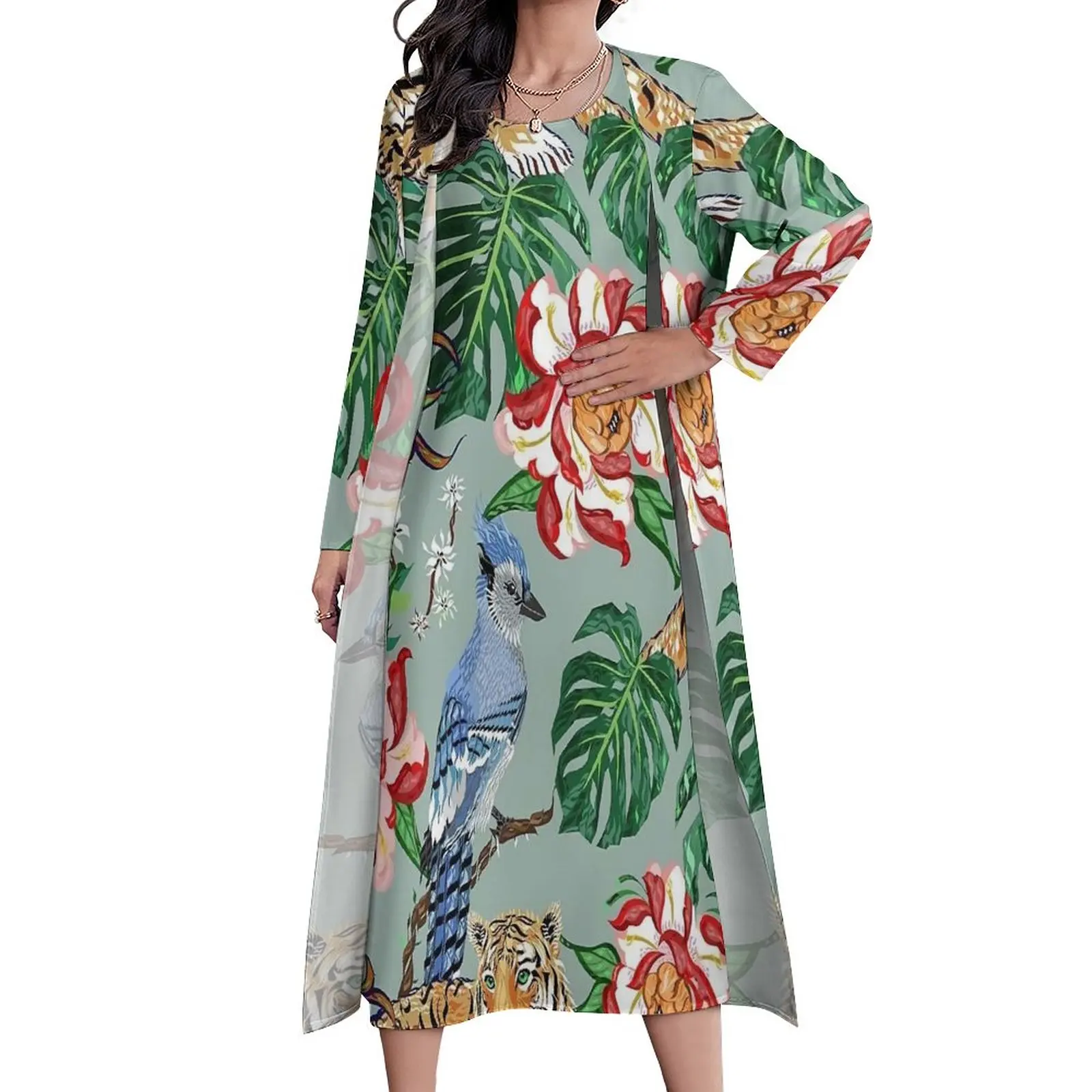 

Женское повседневное длинное платье с принтом птиц, пальмовых листьев