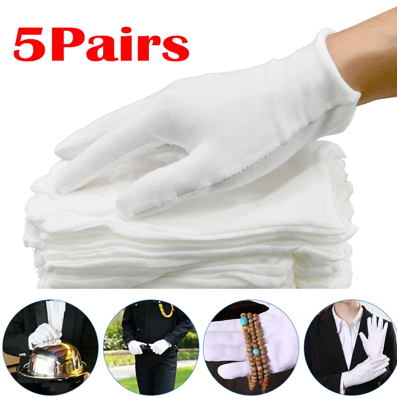 5Pairs Work Full Finger Men Women Etiquette White Cotton Gloves Waiters/Drivers/Jewelry/Workers Mittens Sweat Absorption Gloves